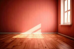 Living room with sunlight shine through a sliding door, wooden floor, red wall. Generative AI photo