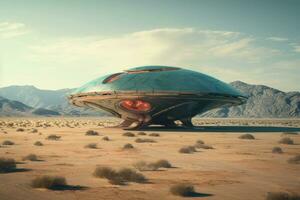 Alien ufo flying saucer. Spaceship flying over a desert. AI generated photo