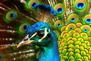 Peacock with open tail. Close up shot of a peacocks colorful plumage. Generative AI photo