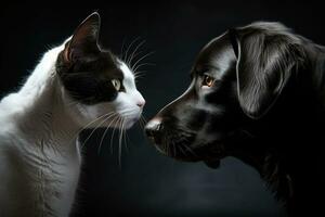 White cat and black dog together. Best friends. AI generated photo