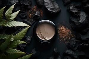 Clay mud cream in black jar on dark background. Beauty spa, skin care face mask concept. Top view. AI generated photo