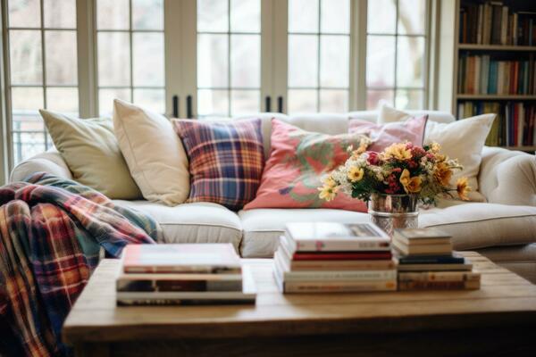 Premium Photo  Cozy winter morning at home Warm and inviting atmosphere  Knitted blanket and pillow on the sofa