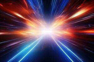 Creative cosmic hyper jump into another galaxy. Neon glowing rays in motion. Space travel concept. Generative AI photo