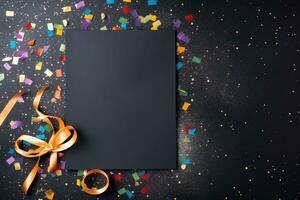 Black board, decorations and confetti on black background. AI generated photo