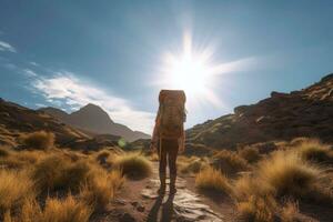 Hiker at sunset mountains with backpack. Outdoor vacation alone into the wild. Generative AI photo