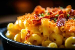 Appetizing mac and cheese in bowl with bacon on top baked in oven. Generative AI photo