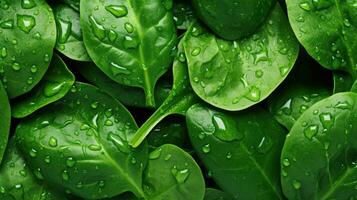 Spinach background. Fresh green baby spinach leaves. AI generated photo