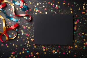 Black board, decorations and confetti on black background. AI generated photo