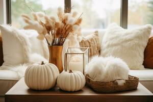 Fall decor in neutral colors. Poster, pumpkins, dry plants. Generative AI photo