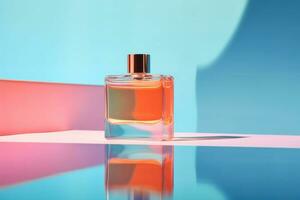 A bottle of perfume on a colorful background with hard shadow and water reflection. Minimalism style. AI generated photo