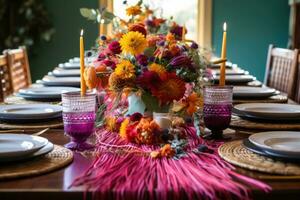 boho elegante mesa ajuste. decoración mesa cubierto con un Manteles con platos, flores, velas ai generado foto