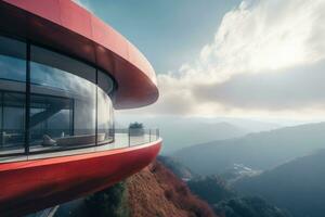 Futuristic cantilever circular arc shaped house in the mountains. Steel fluid geometry Generative AI photo