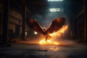 A brilliant fire phoenix facing forward flying though a brutalist environment. Generative AI photo