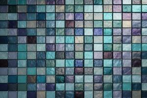 Colored glass mosaic in various squares in the silver and dark navy colors. AI generated photo