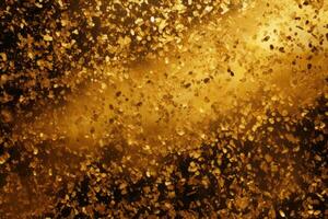 Golden flakes pattern with glitter on it. Scattered gold glitter powder. Generative AI photo