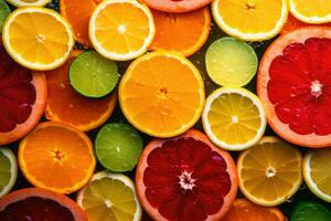 Fresh slices of different types of citrus orange, lime, lemon, grapefruit. Generative AI photo