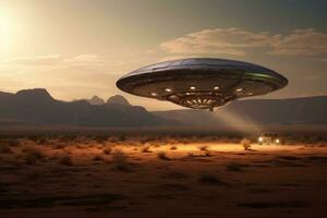 Alien ufo flying saucer. Spaceship flying over a desert. AI generated photo