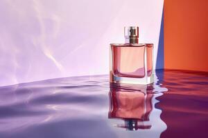A bottle of perfume on a colorful background with hard shadow and water reflection. Minimalism style. AI generated photo