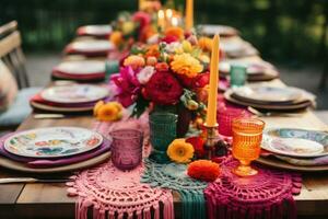 boho elegante mesa ajuste. decoración mesa cubierto con un Manteles con platos, flores, velas ai generado foto