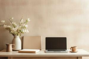 Home office desk in a neutral color palette. A vase, laptop, a stack of journals. Simple composition. Generative AI photo