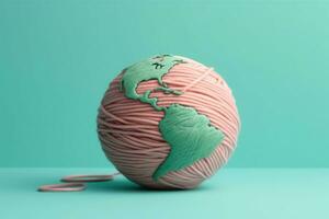 Soft Earth globe made of ball of yarn on pastel green background. Generative AI photo