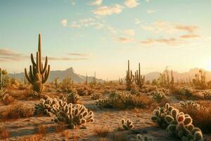 A desert full of cactus. Panorama with dry desert cactuses. Generative AI photo