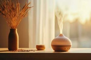 A diffuser placed on a table. A simple composition with dry plants in the background. Generative AI photo