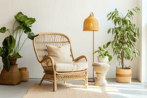 Blanket and pillows on rattan armchair next to plants. Boho and cozy interior of living room. Generative AI photo