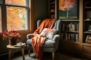 A reading nook complete with an armchair, blanket and a bookshelves. Generative AI photo