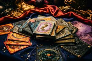 A pile of tarot cards scattered across a table top. Esoteric background. Fortune telling, tarot predictions. Generative AI photo