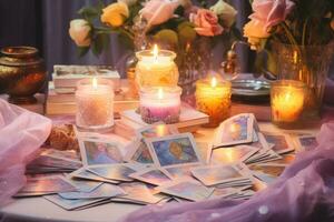 un pila de tarot tarjetas dispersado a través de un mesa arriba, ardiente velas, bruja magia elementos en pastel colores. fortuna narración, tarot predicciones generativo ai foto