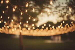 Outdoor party string lights hanging in backyard on bokeh background. Generative AI photo