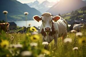 Cow on the flowered meadows. Nature with wild flowers and mountains in the background. Generative AI photo