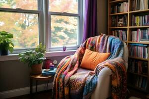 A reading nook within a home office, complete with an armchair, blanket and a bookshelves. Warm autumn colors. Generative AI photo