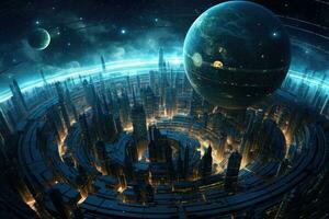 Digital world planet. Cyber Earth. Futuristic technology concept. Generative AI photo