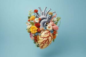 Human heart made of colorful wild flowers on pastel color background. Generative AI photo