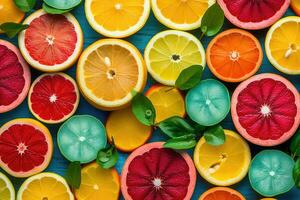 Fresh slices of different types of citrus orange, lime, lemon, grapefruit. Generative AI photo
