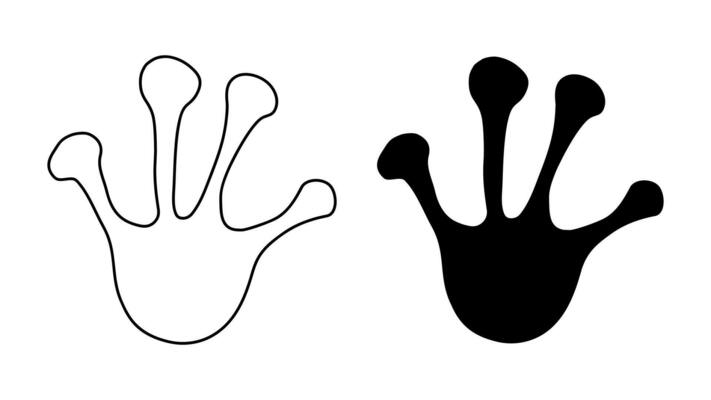 Frog or toad paw footprint. Silhouette, contour. Icon. Black vector isolated on white. Paw print of amphibian, frog, toad, lizard, salamander, newt. Icon and symbol. Print, textile, postcard, booklet
