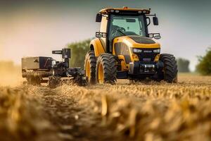 Tractor fertilizing a field. Future technology with agriculture farming concept. Generative AI photo