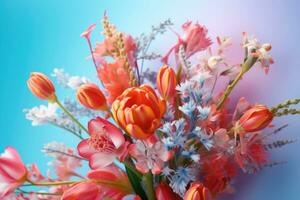 Spring blooming delicate flowers festive background. Pastel and soft bouquet. Generative AI photo