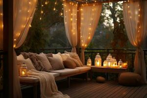 acogedor al aire libre terraza con mesa y sillas. velas, cortinas, LED cuerda fiesta luces en el noche. generativo ai foto