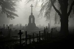 An early mist covering an grave yard with gravestones. The headstones in the foreground. Generative AI photo