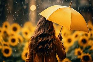 Back view of charming woman with yellow umbrella on autumn rainy day. Generative AI photo