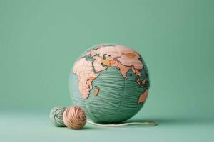 Soft Earth globe made of ball of yarn on pastel green background. Generative AI photo