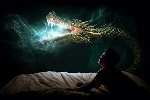 A man watches a large dragon fly in the bedroom in the smoke next to the bed. Generative AI photo