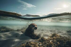 A cute sea otter swimming underwater. Waves on a sandy beach above water. Generative AI photo