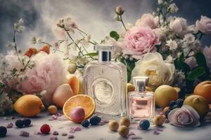 Perfume bottles, flowers and fruits on light background. Generative AI photo