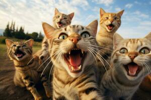 un grupo de gatos tomando un selfie en un borroso antecedentes. generativo ai foto