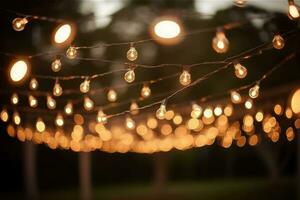 Outdoor party string lights hanging in backyard on bokeh background. Generative AI photo