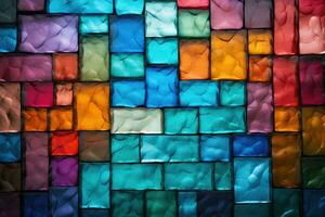 Colorful glass block wall texture. Shiny transparent thick glass tiles with seams background. Generative AI photo